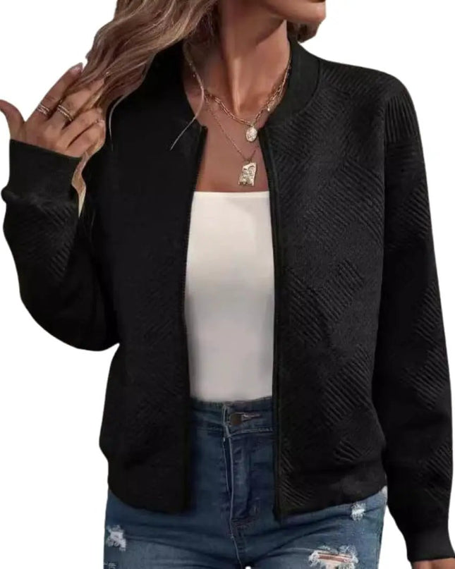 Women’s Woven Fabric Zip-Up Bomber Jacket with Ribbed Hem