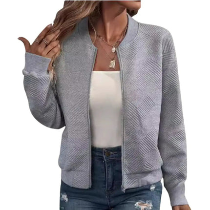 Women’s Woven Fabric Zip-Up Bomber Jacket with Ribbed Hem