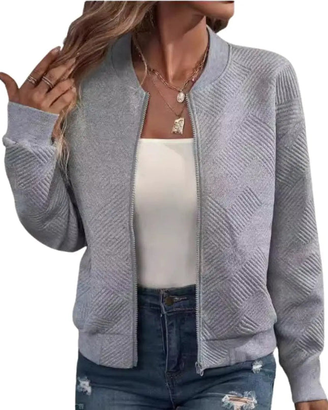 Women’s Woven Fabric Zip-Up Bomber Jacket with Ribbed Hem