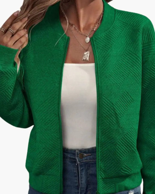 Women’s Woven Fabric Zip-Up Bomber Jacket with Ribbed Hem