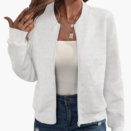 Women’s Woven Fabric Zip-Up Bomber Jacket with Ribbed Hem