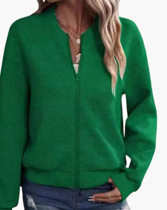 Women’s Woven Fabric Zip-Up Bomber Jacket with Ribbed Hem