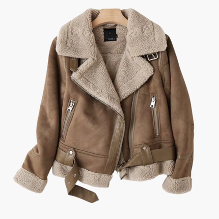 Women’s Zip Jacket with Plush Inner Layer and Adjustable Belt Hem