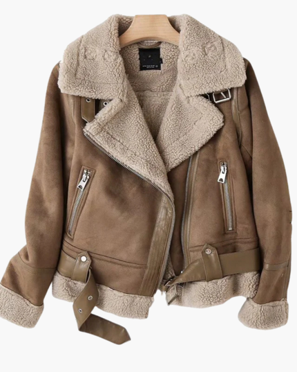 Women’s Zip Jacket with Plush Inner Layer and Adjustable Belt Hem