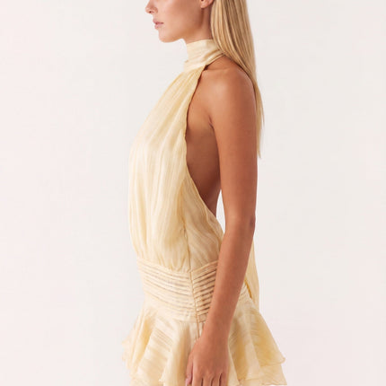 Aria | Elegant Mini Dress – High Neck Pleated Silhouette