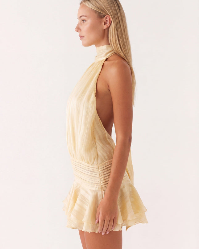 Aria | Elegant Mini Dress – High Neck Pleated Silhouette