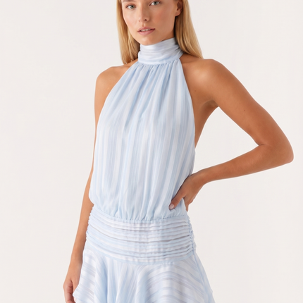 Aria | Elegant Mini Dress – High Neck Pleated Silhouette
