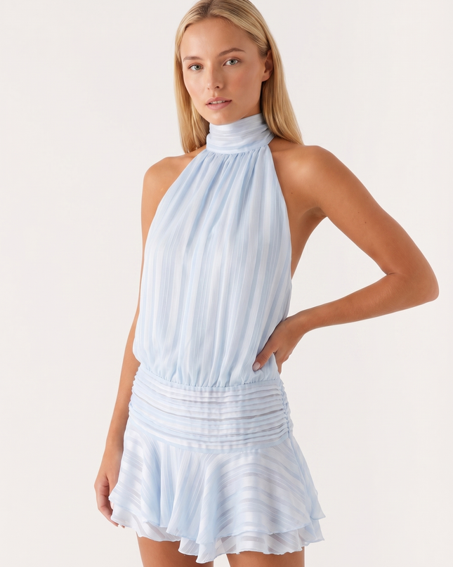 Aria | Elegant Mini Dress – High Neck Pleated Silhouette