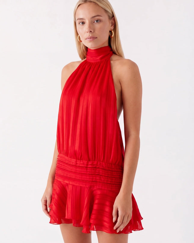Aria | Elegant Mini Dress – High Neck Pleated Silhouette