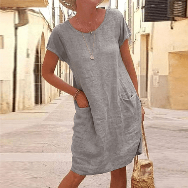 Asteria | Relaxed Linen Midi Dress – Short Sleeve Pocket Style