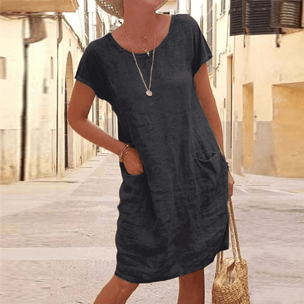 Asteria | Relaxed Linen Midi Dress – Short Sleeve Pocket Style
