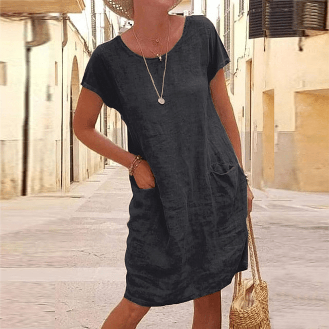 Asteria | Relaxed Linen Midi Dress – Short Sleeve Pocket Style