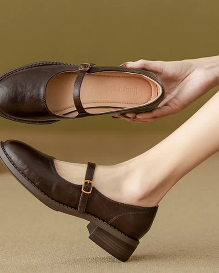 Audrey | Women's Leather Mary Jane Flats – Adjustable Strap