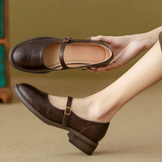Audrey | Women's Leather Mary Jane Flats – Adjustable Strap