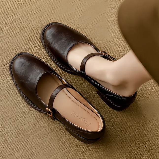 Audrey | Women's Leather Mary Jane Flats – Adjustable Strap