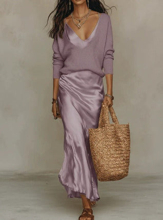 Blythe | Refined Satin Dress with Included Sweater – Midi Style