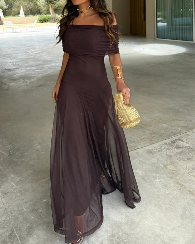 Calista | Elegant Wedding Guest Dress – Mesh Overlay Maxi