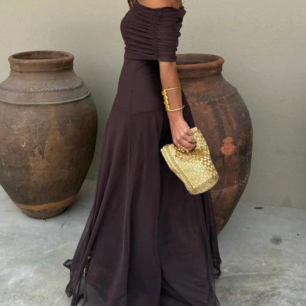 Calista | Elegant Wedding Guest Dress – Mesh Overlay Maxi