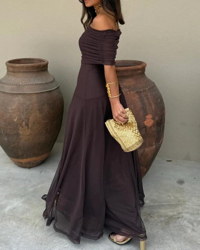 Calista | Elegant Wedding Guest Dress – Mesh Overlay Maxi
