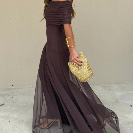 Calista | Elegant Wedding Guest Dress – Mesh Overlay Maxi