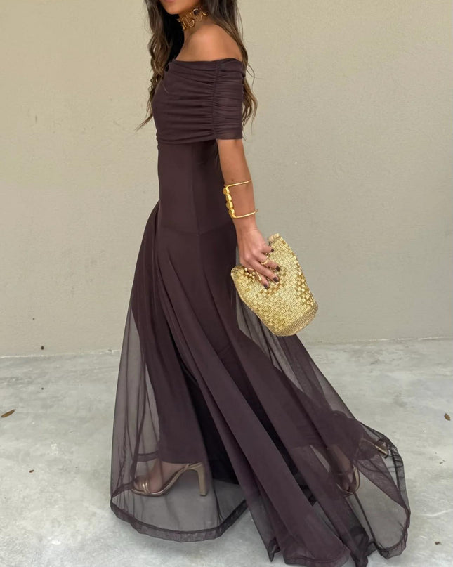 Calista | Elegant Wedding Guest Dress – Mesh Overlay Maxi