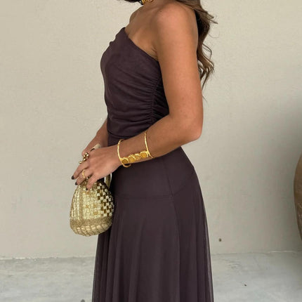 Calista | Elegant Wedding Guest Dress – Mesh Overlay Maxi