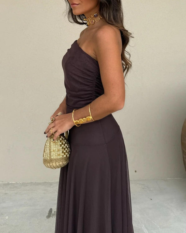 Calista | Elegant Wedding Guest Dress – Mesh Overlay Maxi