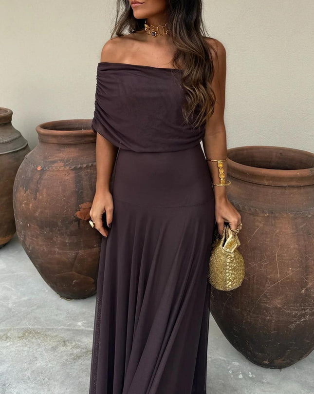 Calista | Elegant Wedding Guest Dress – Mesh Overlay Maxi