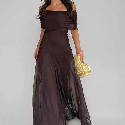 Calista | Elegant Wedding Guest Dress – Mesh Overlay Maxi