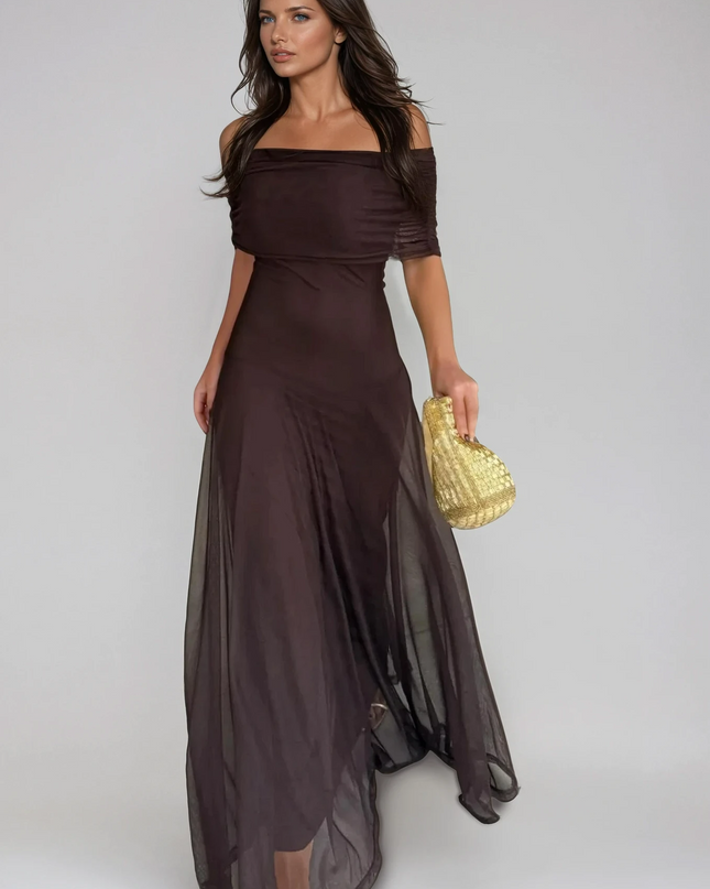 Calista | Elegant Wedding Guest Dress – Mesh Overlay Maxi