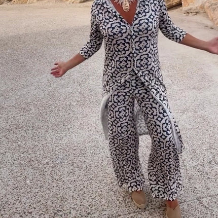 Carolyn | Women's Button-Up Printed Two-Piece Pant Set