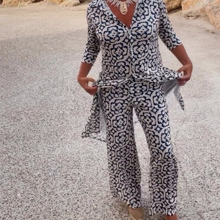 Carolyn | Women's Button-Up Printed Two-Piece Pant Set