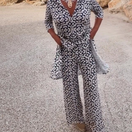 Carolyn | Women's Button-Up Printed Two-Piece Pant Set