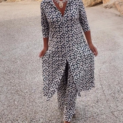 Carolyn | Women's Button-Up Printed Two-Piece Pant Set