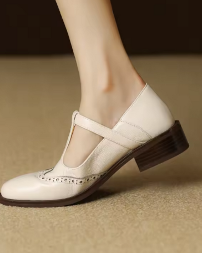 Clementine | Women's Brogue T-Bar Mary Jane Flats – Buckle Strap