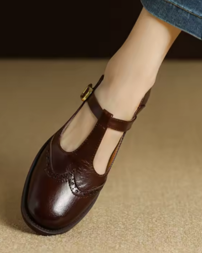 Clementine | Women's Brogue T-Bar Mary Jane Flats – Buckle Strap