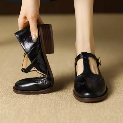 Clementine | Women's Brogue T-Bar Mary Jane Flats – Buckle Strap