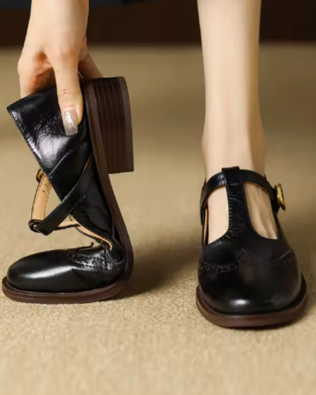 Clementine | Women's Brogue T-Bar Mary Jane Flats – Buckle Strap