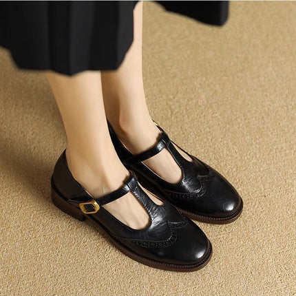 Clementine | Women's Brogue T-Bar Mary Jane Flats – Buckle Strap