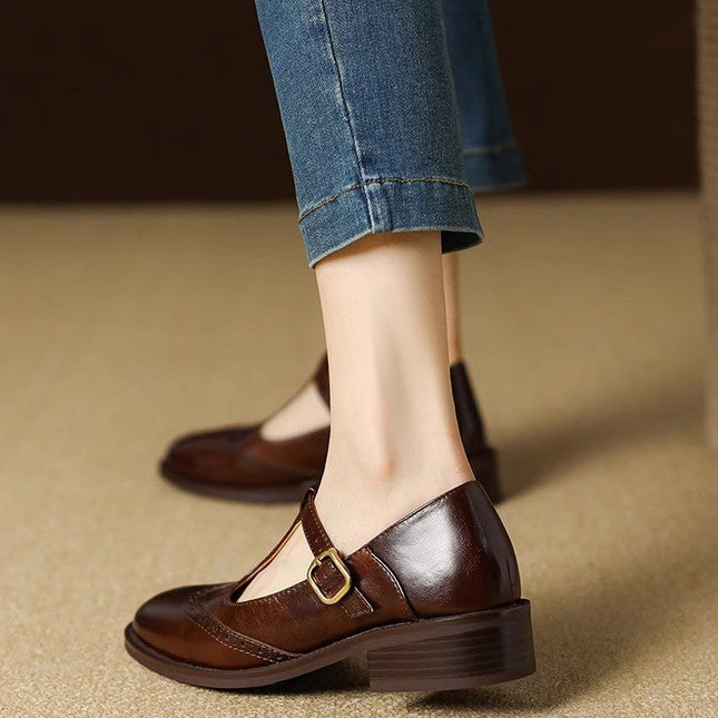 Clementine | Women's Brogue T-Bar Mary Jane Flats – Buckle Strap