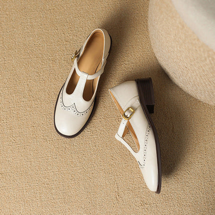Clementine | Women's Brogue T-Bar Mary Jane Flats – Buckle Strap