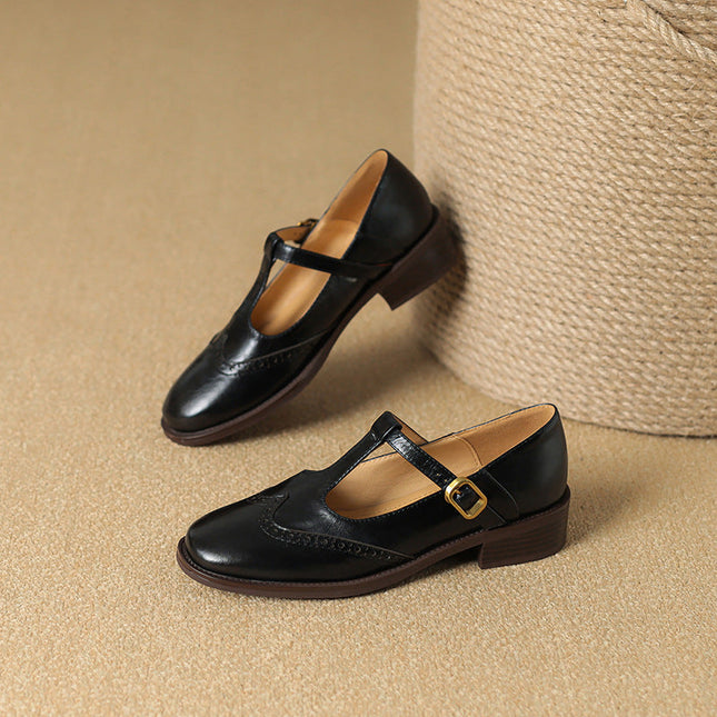 Clementine | Women's Brogue T-Bar Mary Jane Flats – Buckle Strap