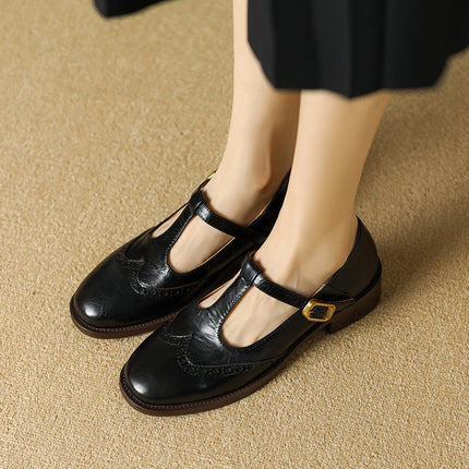 Clementine | Women's Brogue T-Bar Mary Jane Flats – Buckle Strap