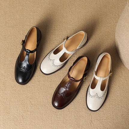 Clementine | Women's Brogue T-Bar Mary Jane Flats – Buckle Strap