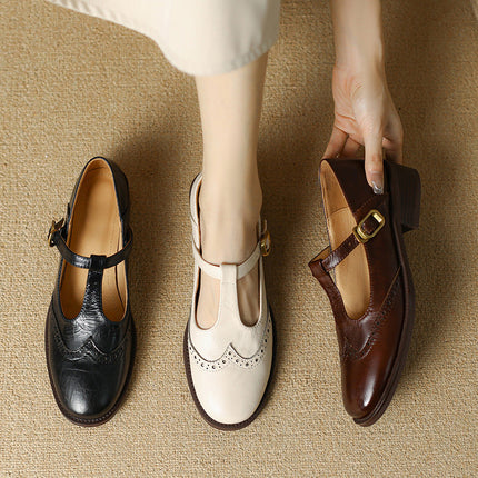 Clementine | Women's Brogue T-Bar Mary Jane Flats – Buckle Strap
