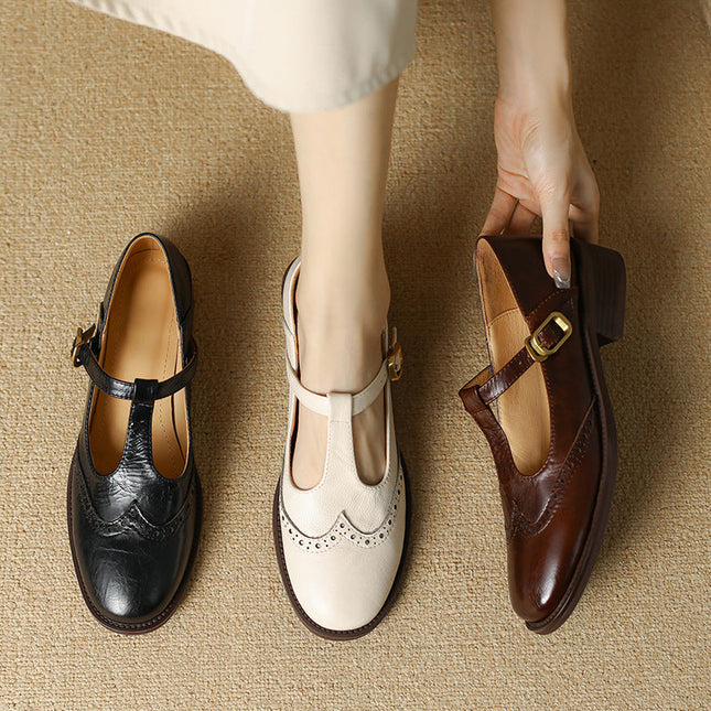 Clementine | Women's Brogue T-Bar Mary Jane Flats – Buckle Strap
