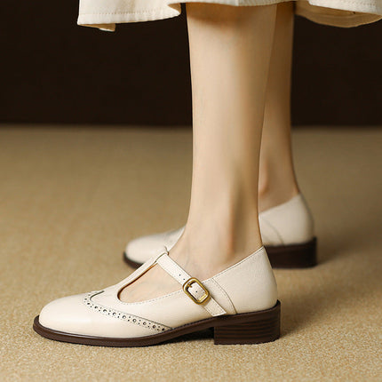 Clementine | Women's Brogue T-Bar Mary Jane Flats – Buckle Strap