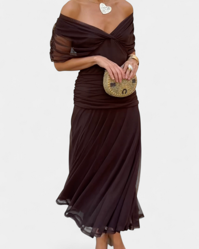 Cressida | Refined Midi Dress – Off-Shoulder Ruched Evening Style