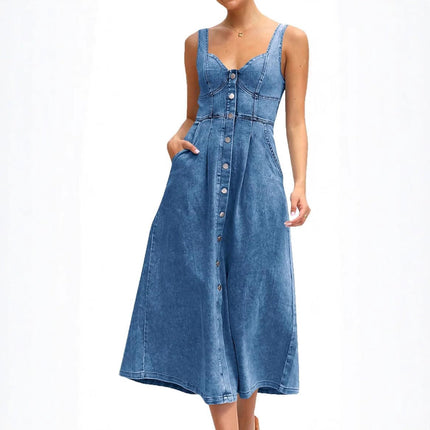 Eirlys | Classic Denim Dress – Button-Front Midi Style