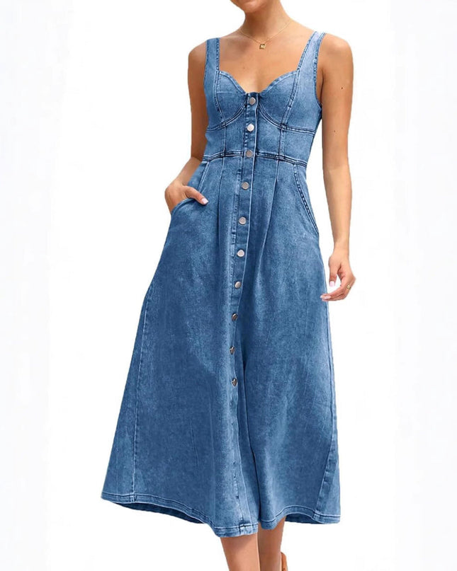 Eirlys | Classic Denim Dress – Button-Front Midi Style
